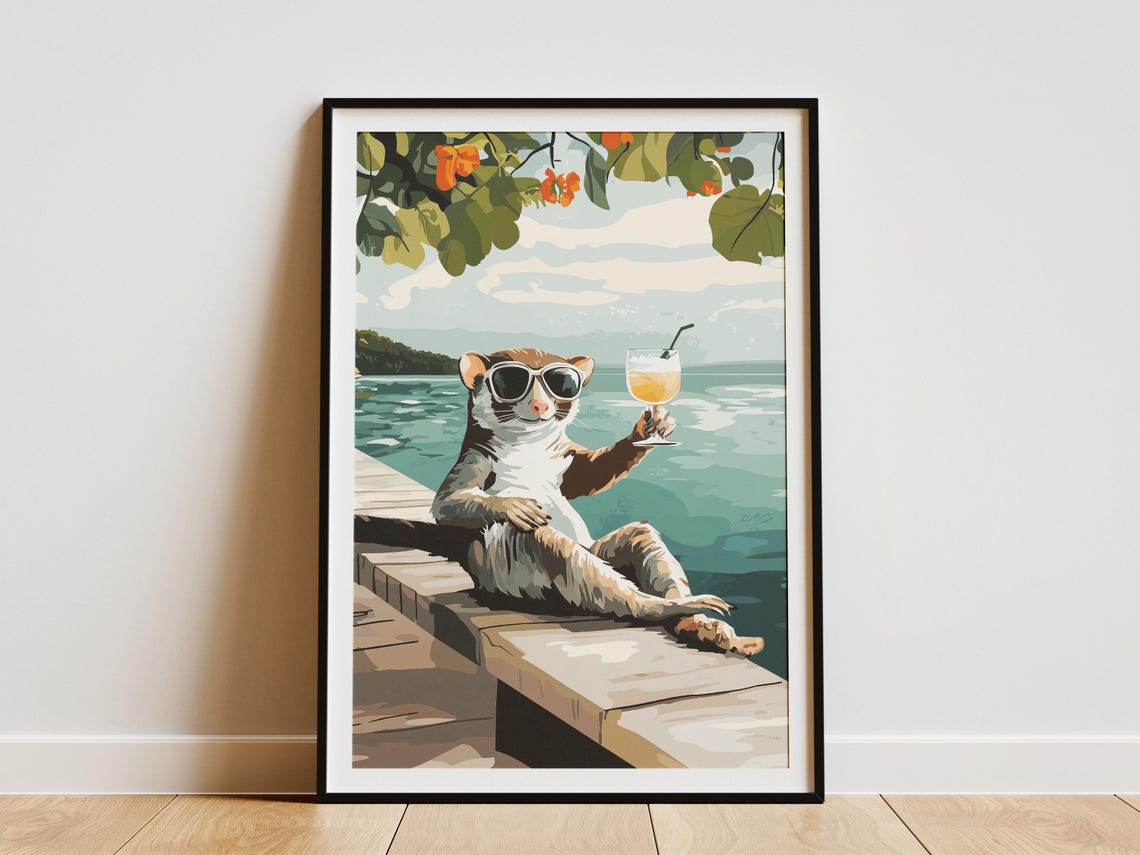 Sugar Glider In Sunglasses Sipping Cocktail On Wooden Dock Poster