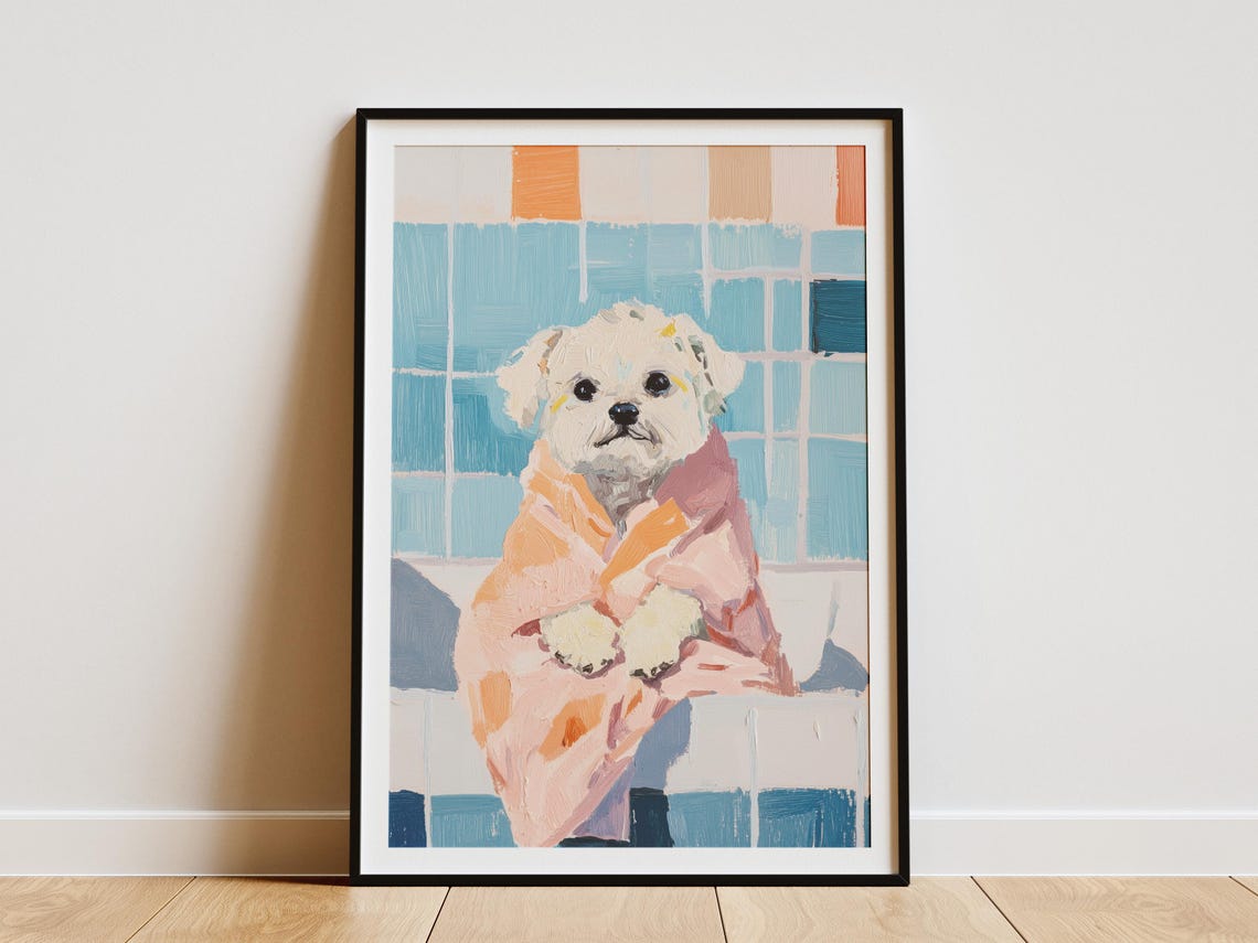 Small White Dog Wrapped In Pink Towel Poster Cute Pet Bathroom Art