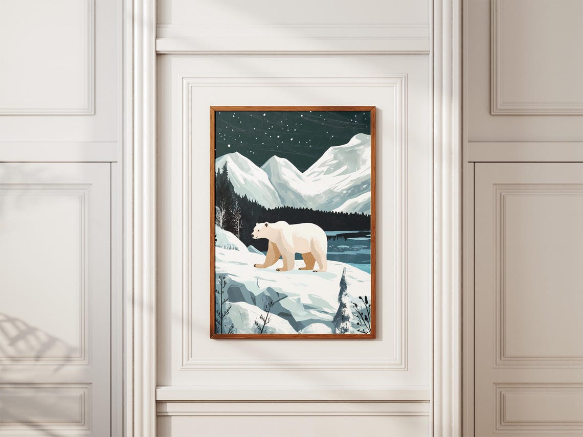 Polar Bear Walking Arctic Night Snowy Mountains Winter Poster - Image 2
