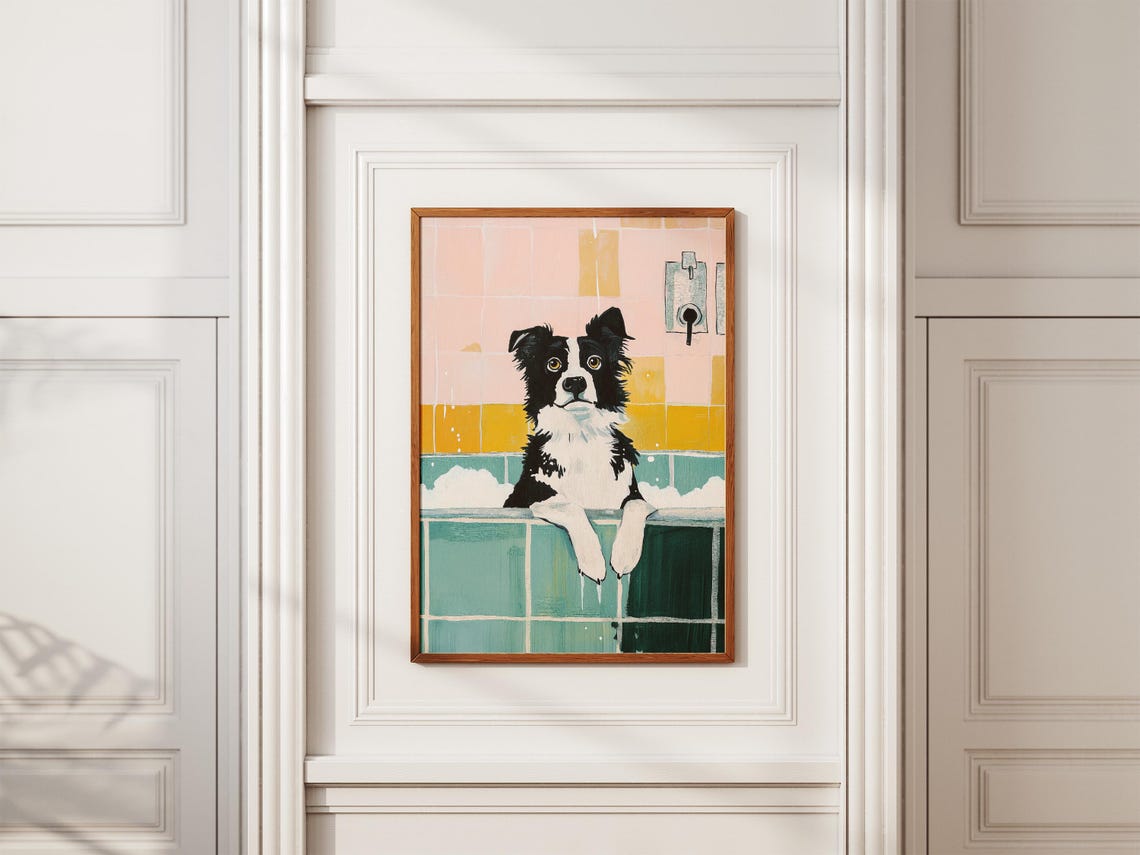 Wide-Eyed Border Collie Soaking in a Colorful Bubble Bath Poster - Image 2
