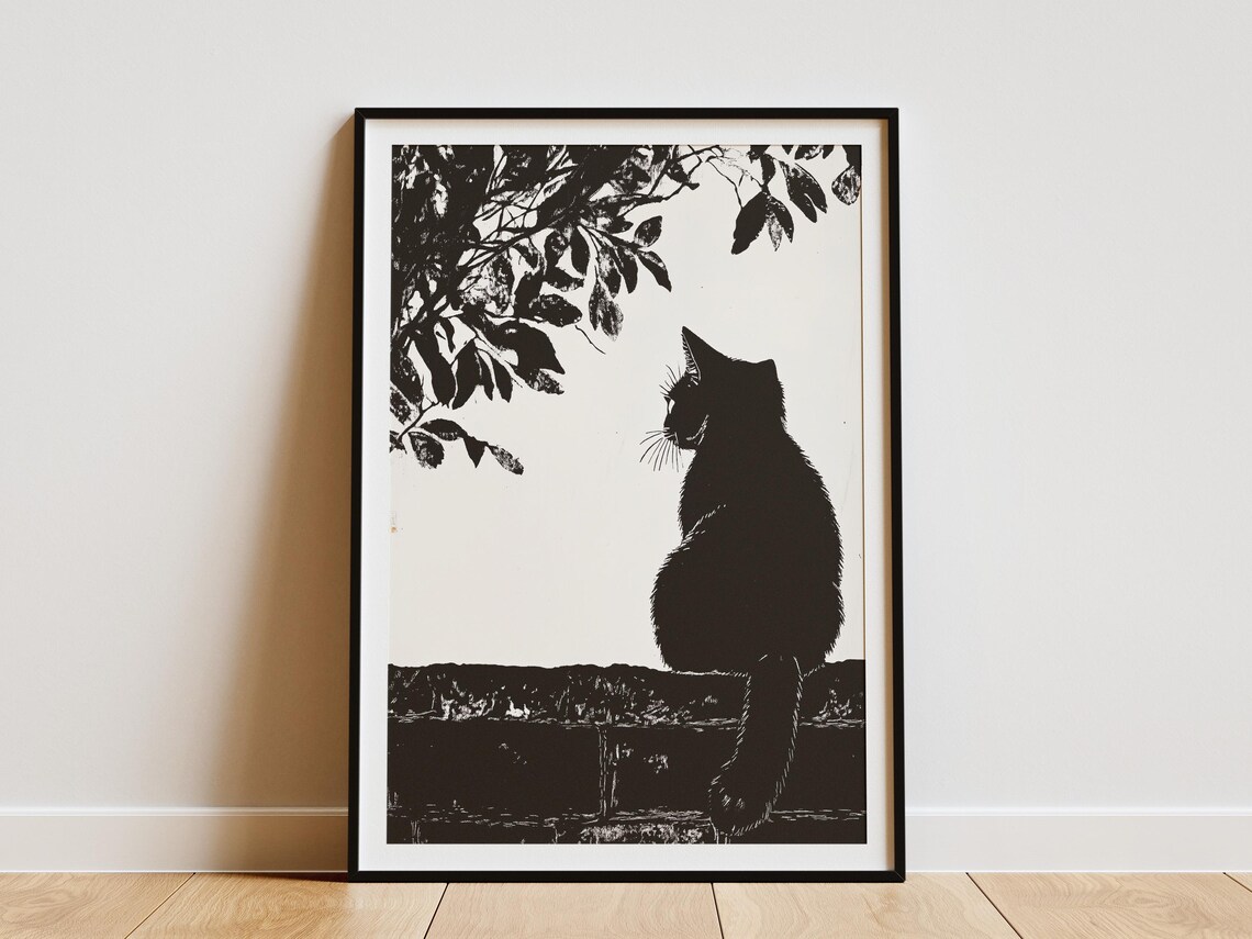 Black Cat Silhouette on Garden Wall Woodcut Style Art Poster
