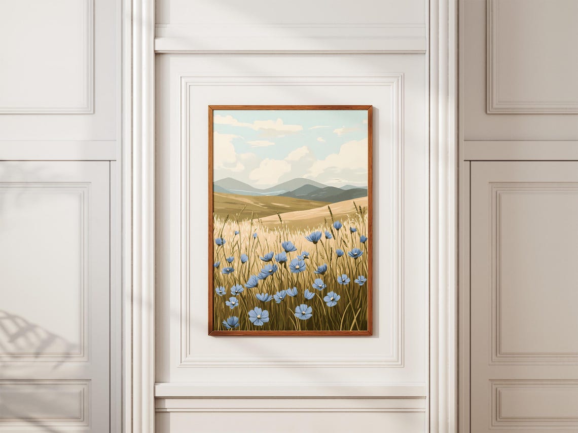 Blue Flax Flowers Wheat Grass Field Rolling Hills Meadow Poster - Image 2