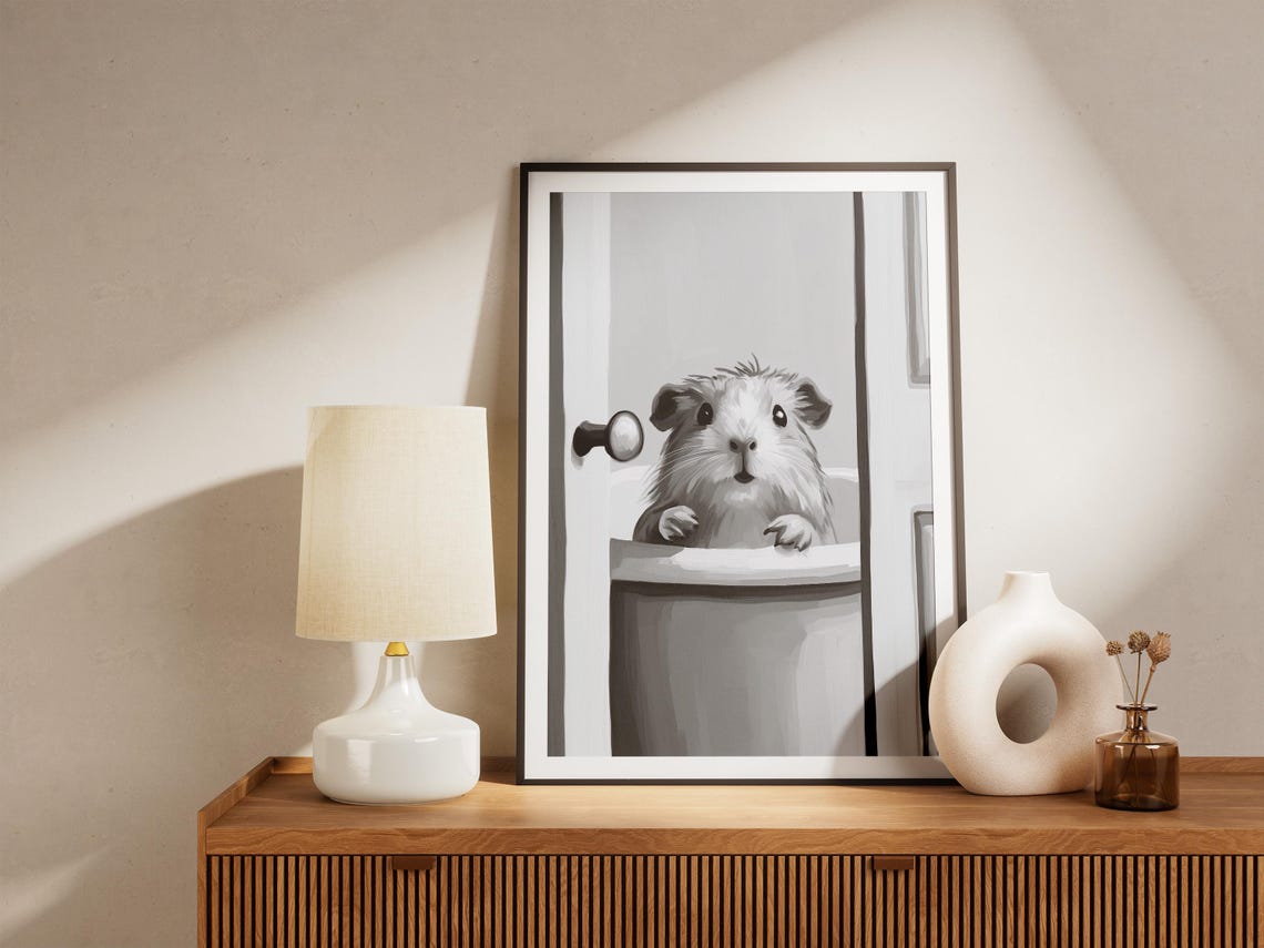Guinea Pig Peeking Over A Bathtub Black And White Art Poster - Image 4