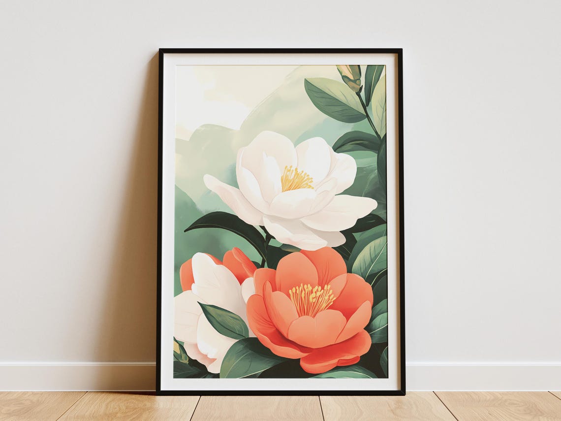 White Coral Blossom Flowers Green Leaves Botanical Art Poster