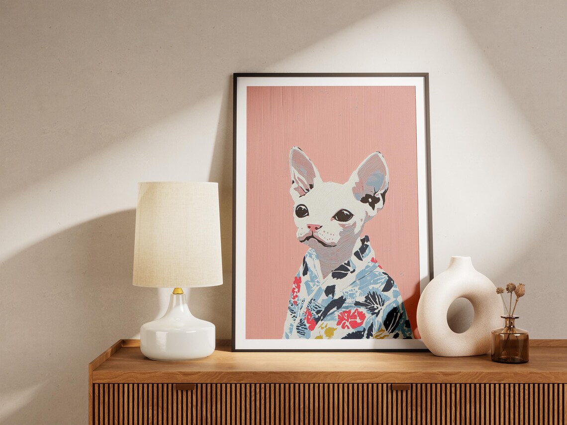 Hairless Sphynx Cat Floral Kimono Minimal Portrait Art Poster - Image 4