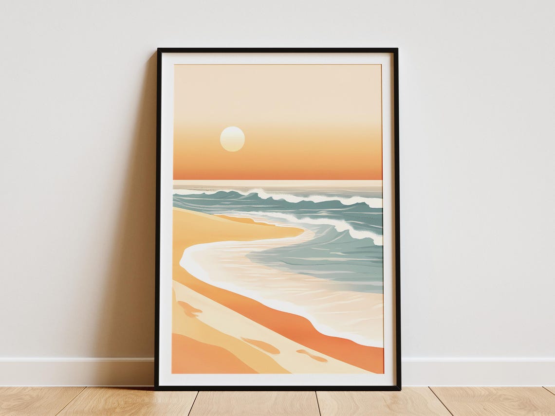 Minimalist Sunrise Beach Orange Sun Ocean Waves Abstract Poster