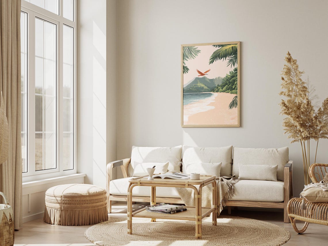Tropical Beach with Orange Bird Flying Palm Trees Mountain Wall Art - Image 3