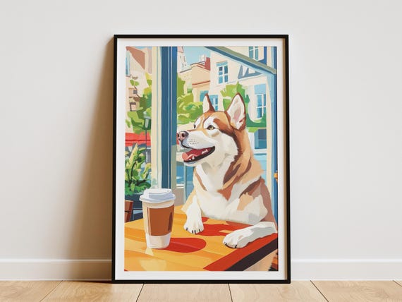 Husky Dog Cafe Art Print Matisse Style Oil Painting Coffee Lover Gift Pet Wall Cozy Scene Poster Portrait