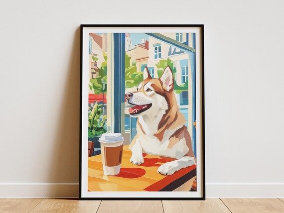 Smiling Husky with Takeaway Coffee at Sunny Cafe Window Poster