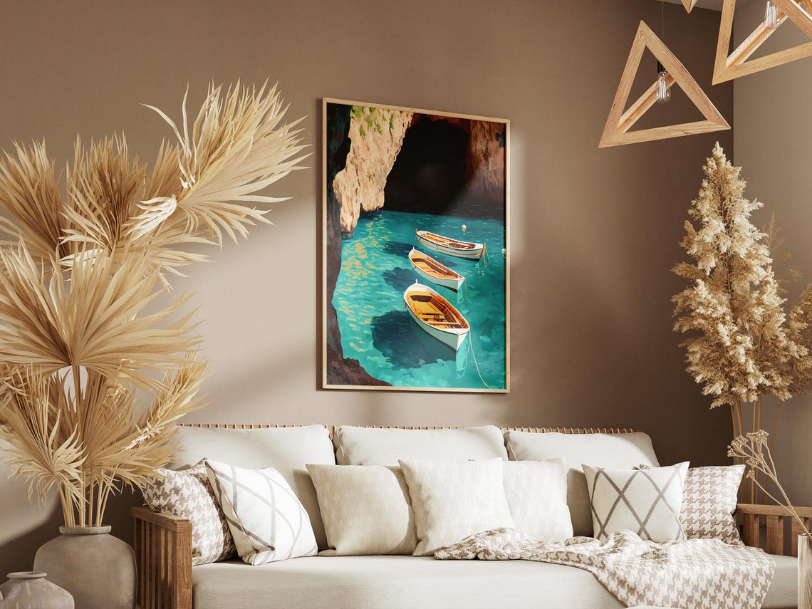 Wooden Rowboats Floating in a Turquoise Sea Cave Grotto Poster - Image 3