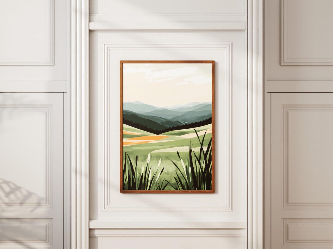 Minimalist Green Hills Meadow Wrapped in Morning Mist Poster - Image 2