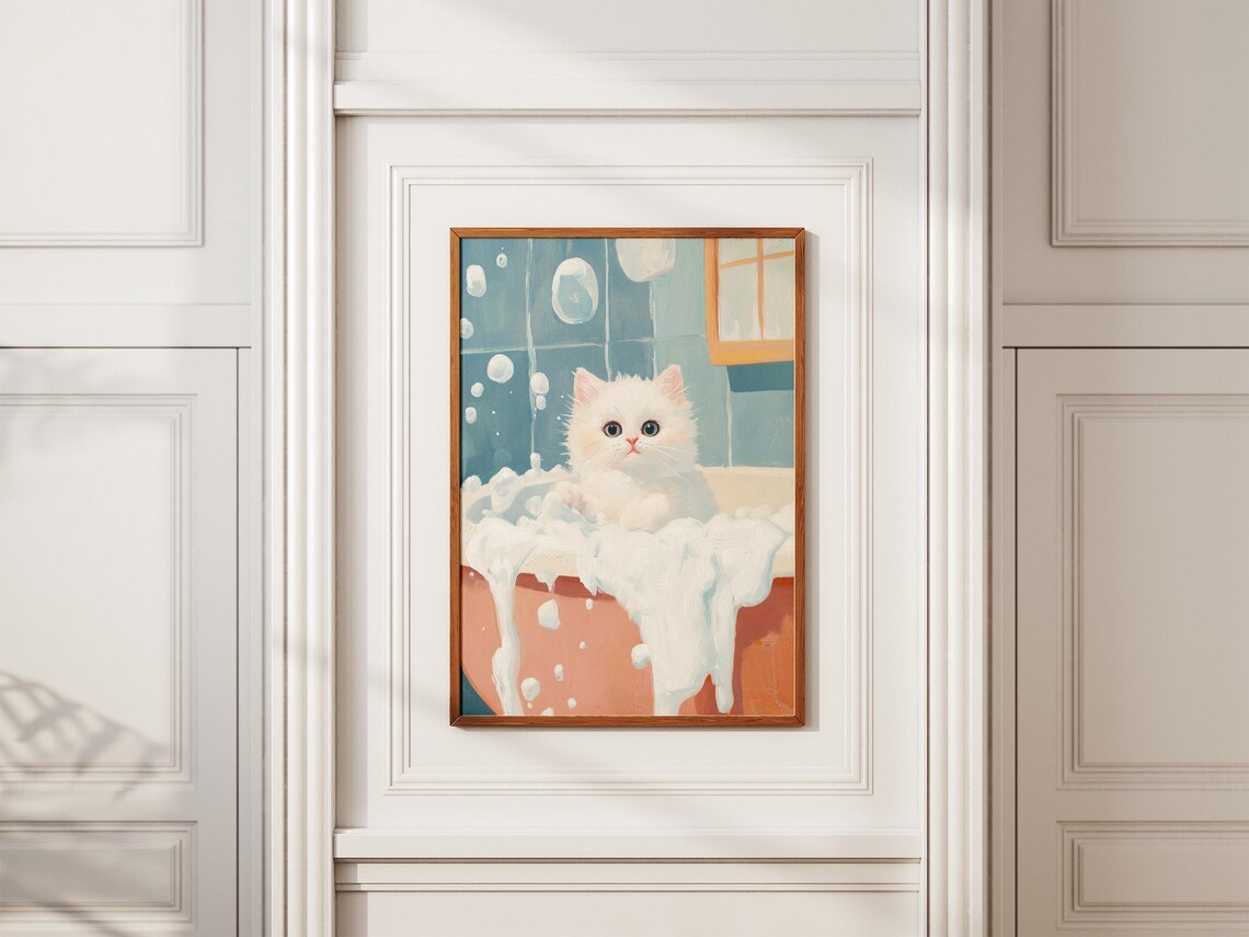 White Kitten In Foamy Bubble Bath Poster Cute Pet Art For Bathroom Decor - Image 2