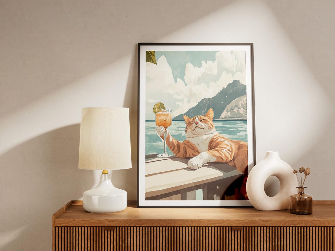 Orange Tabby Cat Raising Lime Cocktail At Seaside Bar Table Poster - Image 5