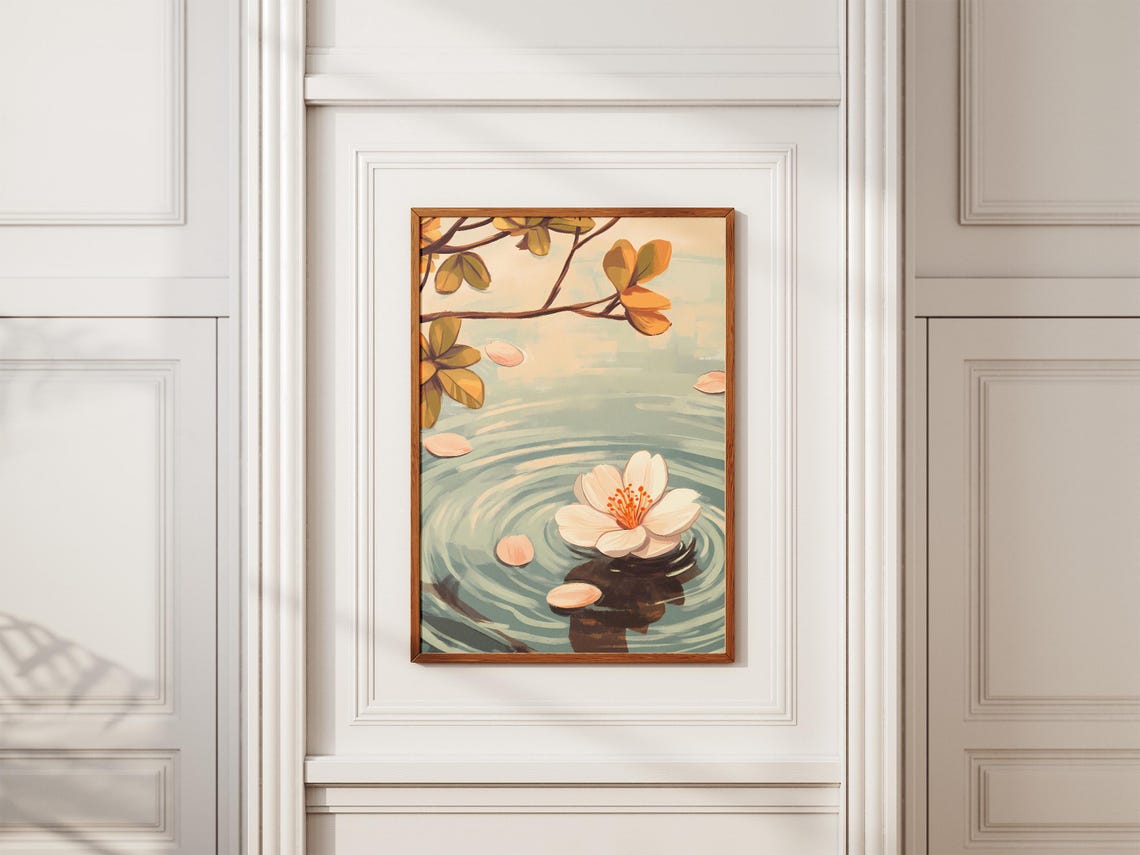 Cherry Blossom Floating on Rippling Water Zen Art Style Poster - Image 2