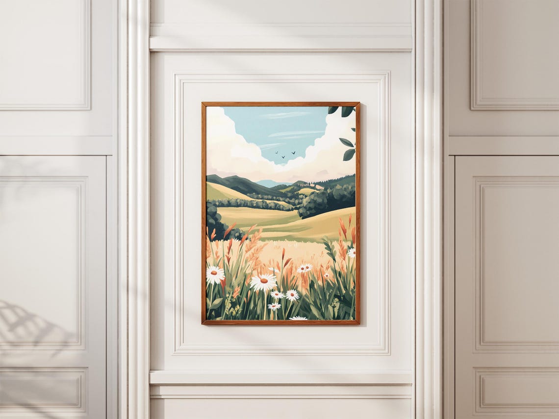 Sunlit Wildflower Meadow with Daisies and Rolling Hills Poster - Image 2