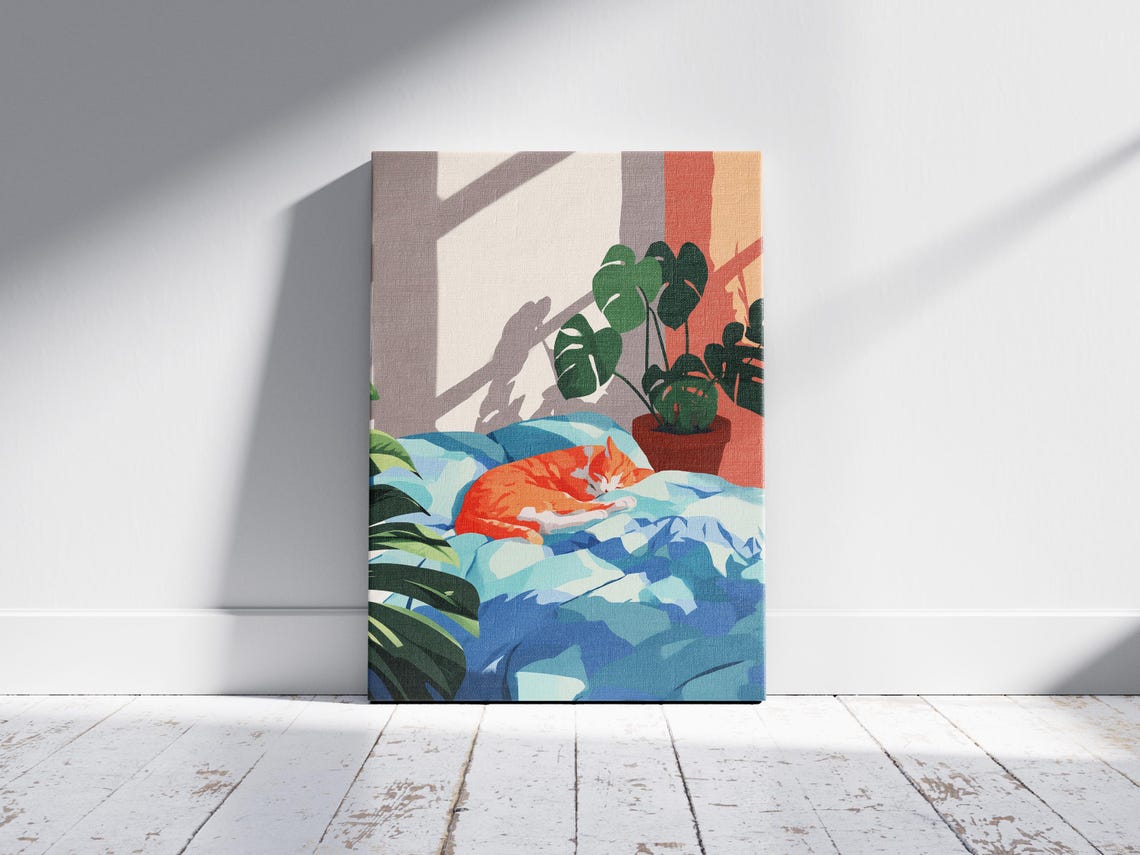 Sleeping Orange Cat Sunlit Bedroom Matisse Style Gouache Art Poster - Image 2