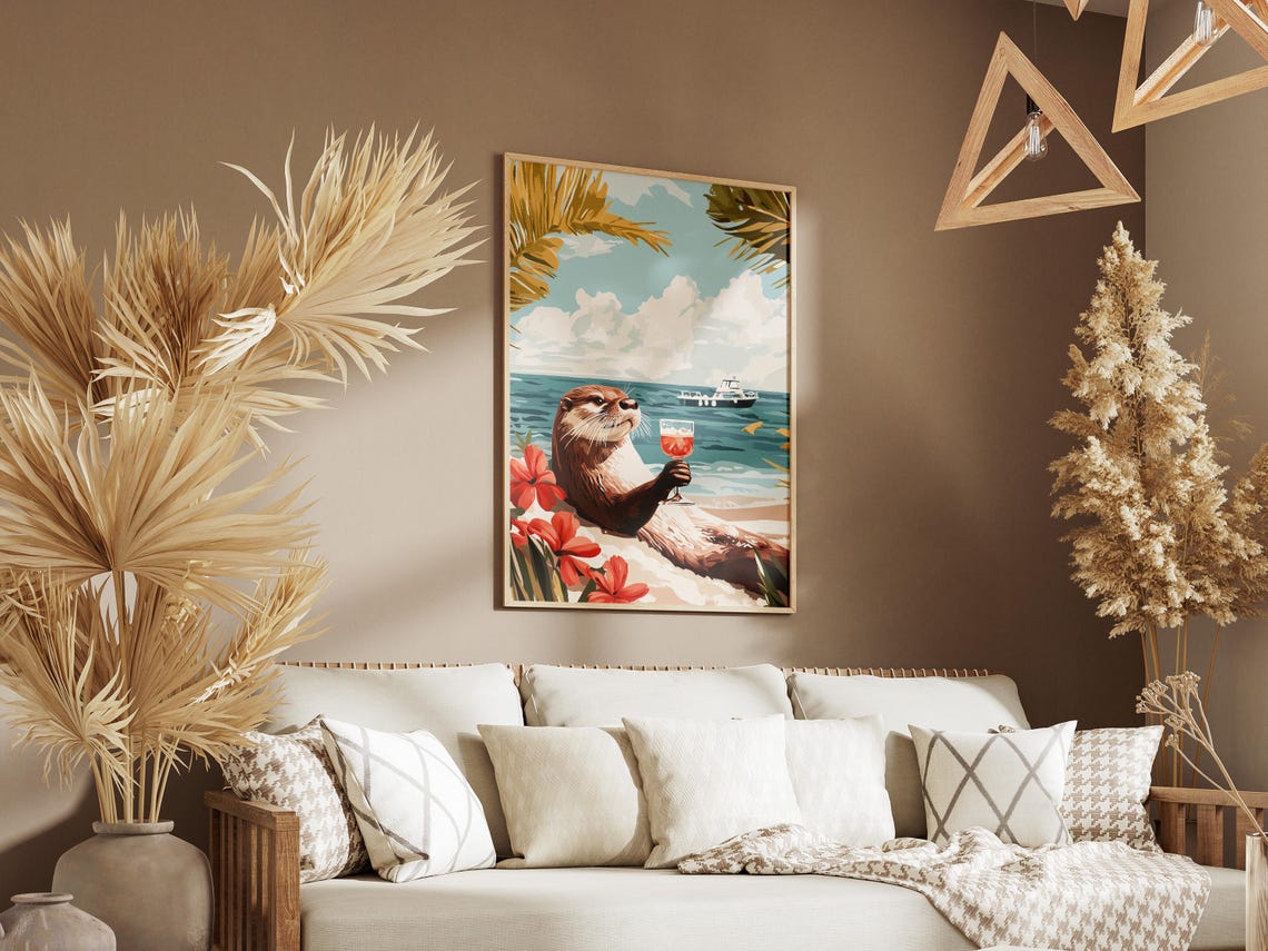 Beach Otter Holding a Glass of Wine Among Hibiscus Flowers Poster - Image 3