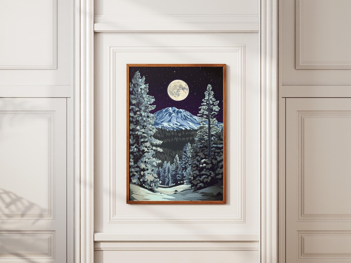 Lassen Volcanic National Park Snowy Volcano Peak Moonlit Night Art Poster - Image 2