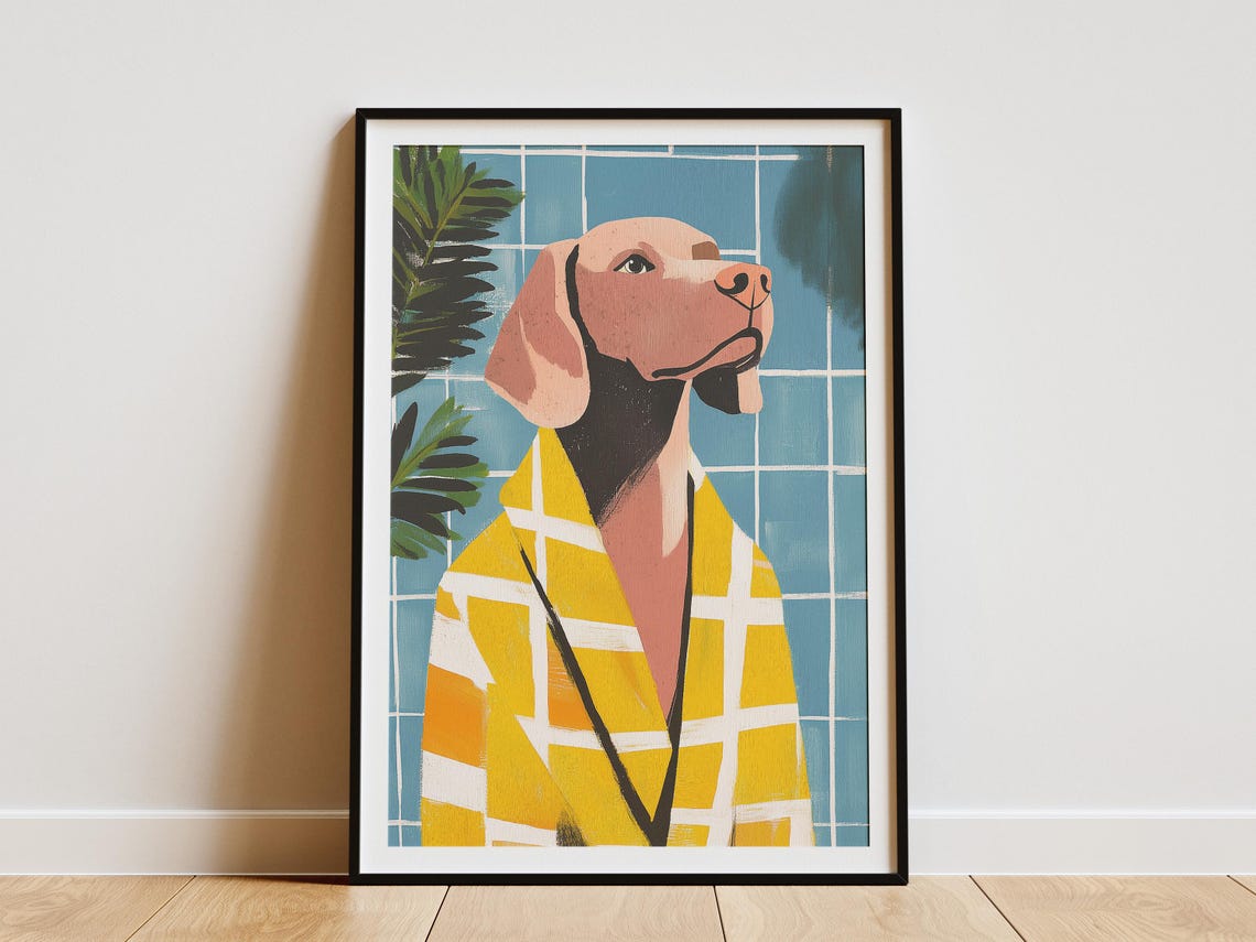 Weimaraner Dog Wearing Yellow Plaid Bathrobe Blue Tile Poster