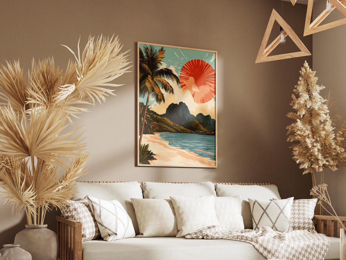 Pamalican Island Retro Beach Scene with Red Sun Travel Poster - Image 3
