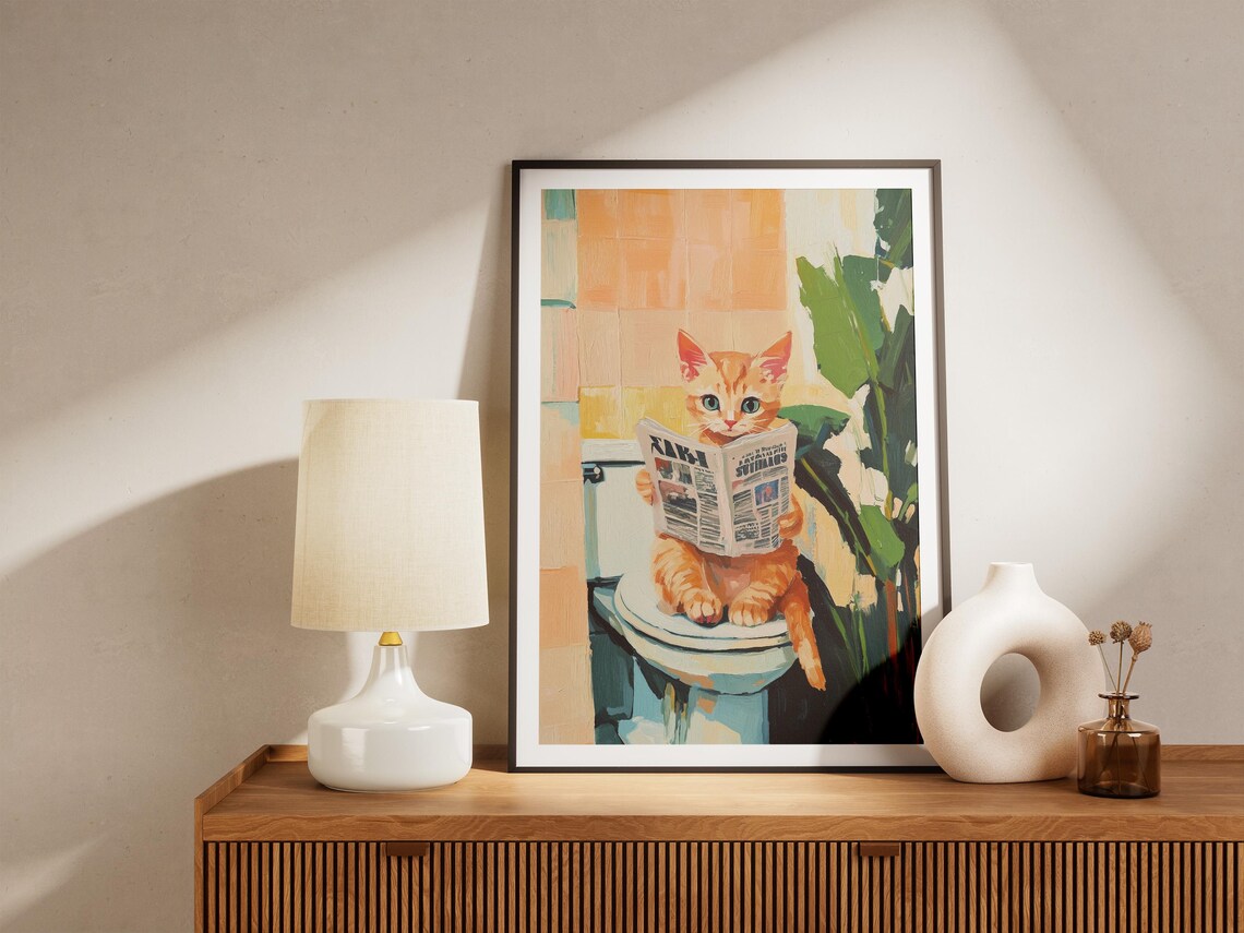 Orange Kitten On Toilet Reading Newspaper Poster Funny Cat Bathroom Art - Image 4