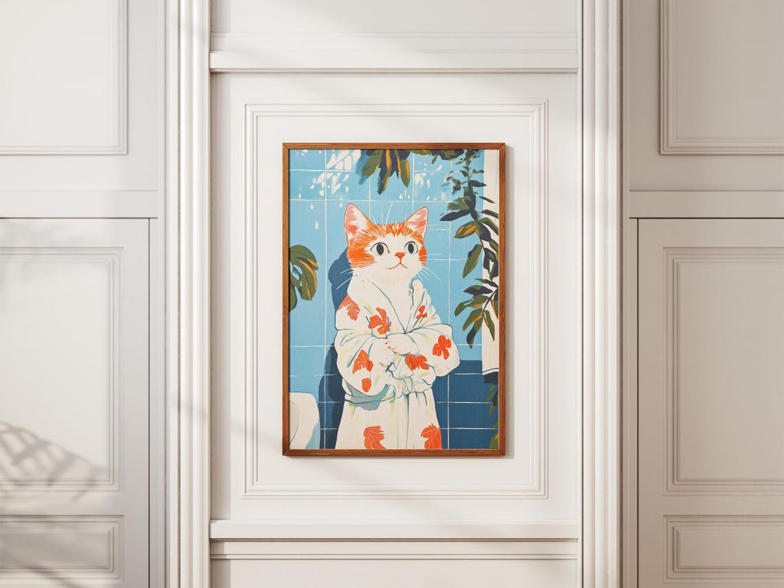 Orange Kitten in White Floral Bathrobe Blue Tile Cute Cat Wall Poster - Image 2