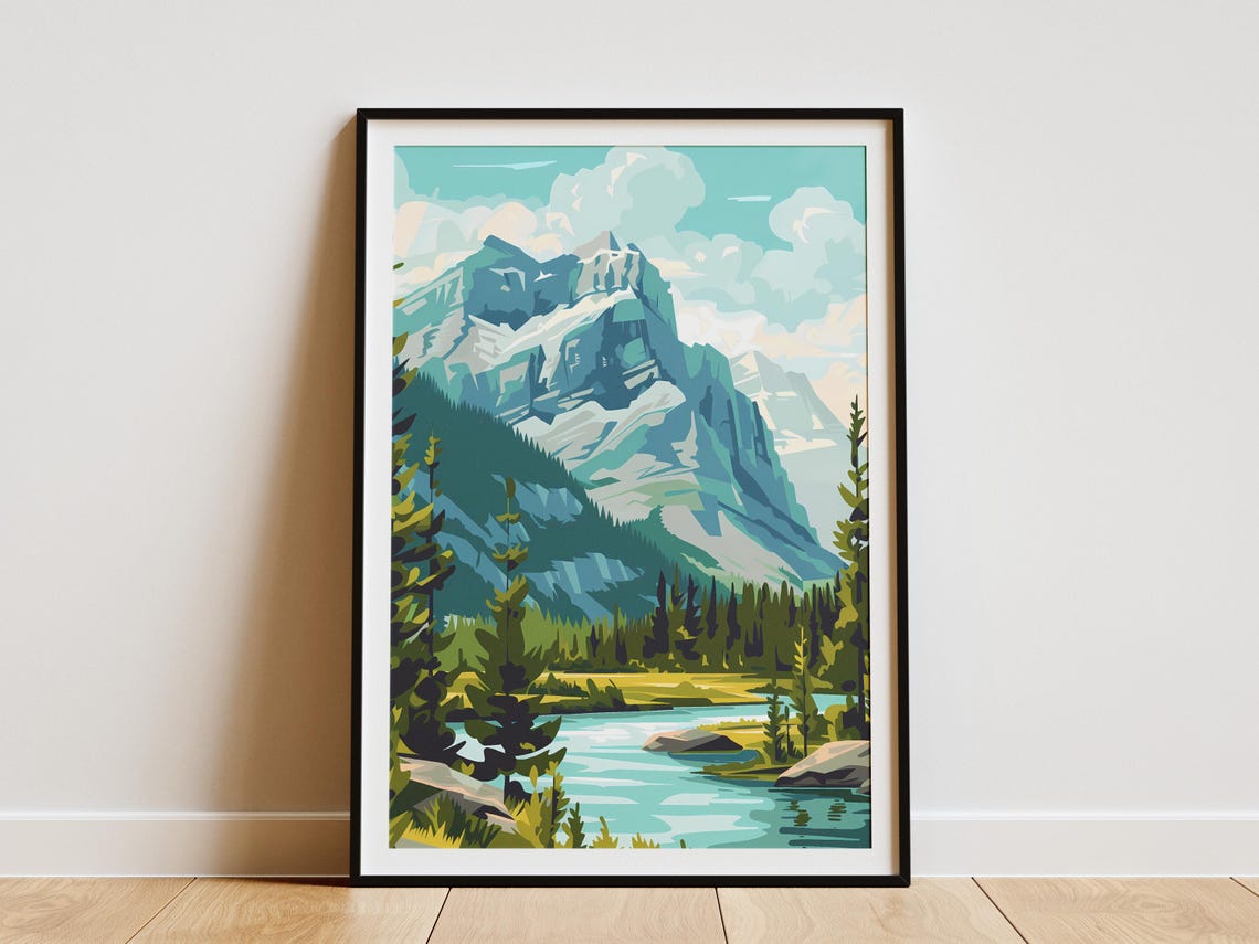 Banff National Park Mountain River Pines Alpine Travel Poster