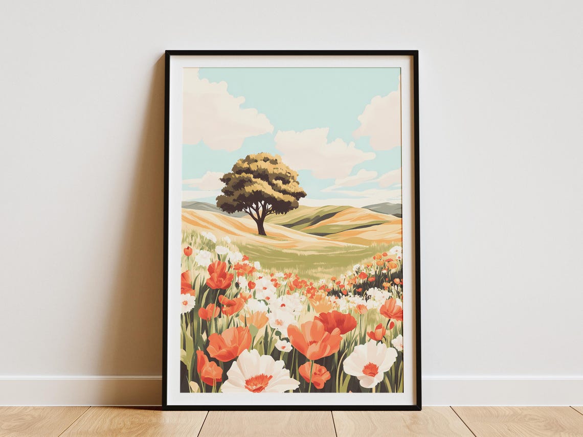 Lone Tree Above a Field of Red Poppies Countryside Art Poster