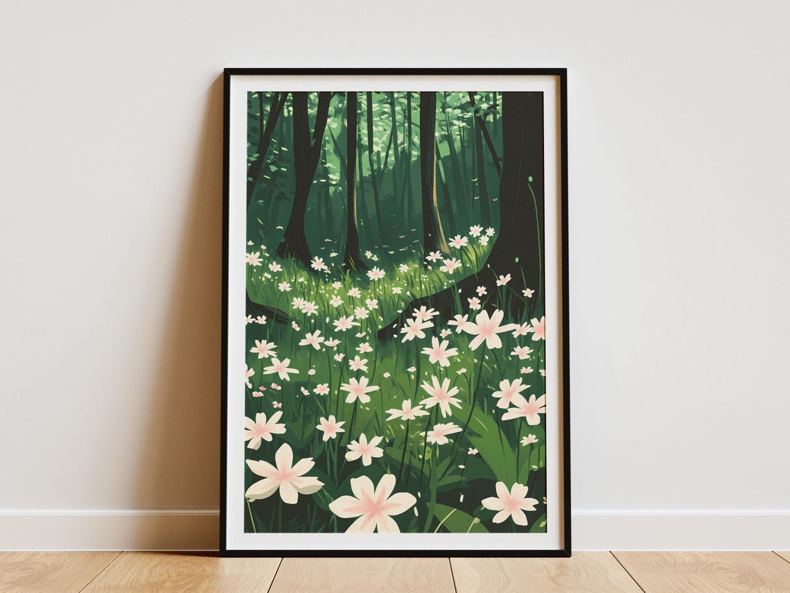 Delicate White Wildflowers Dark Green Forest Meadow Serene Print