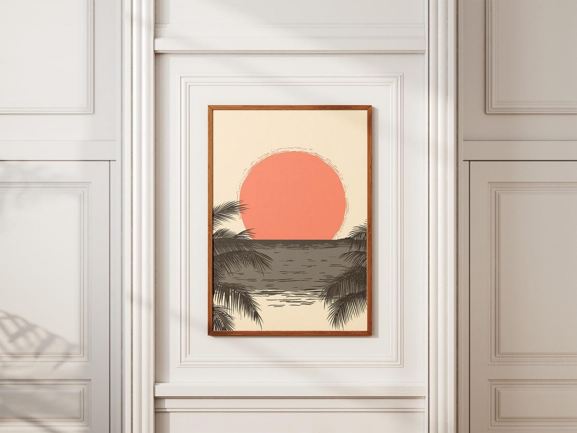 Coral Sun Setting Over the Ocean Framed by Palm Fronds Poster - Image 2