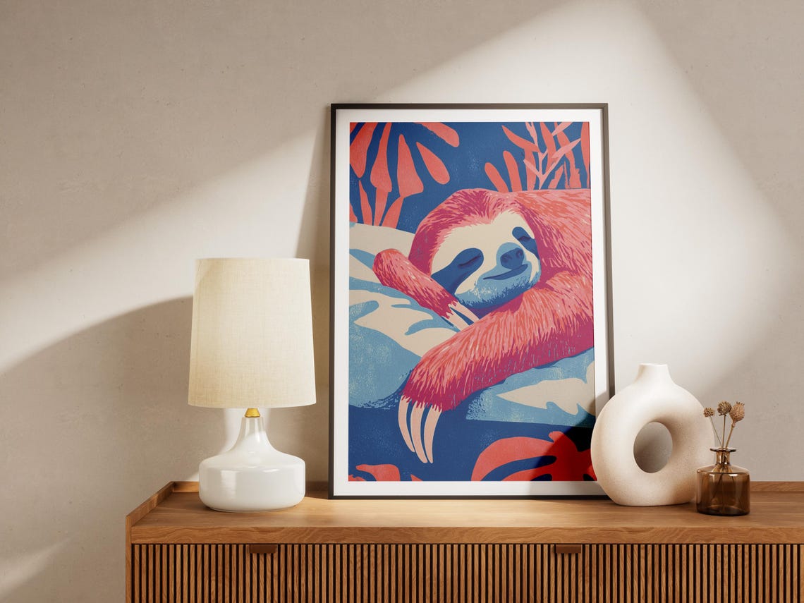 Matisse Style Sloth Sleeping Gouache Art Print Vibrant Blue Pink Tropical Animal Wall Decor Unique Nursery Bedroom Poster Gift - Image 4