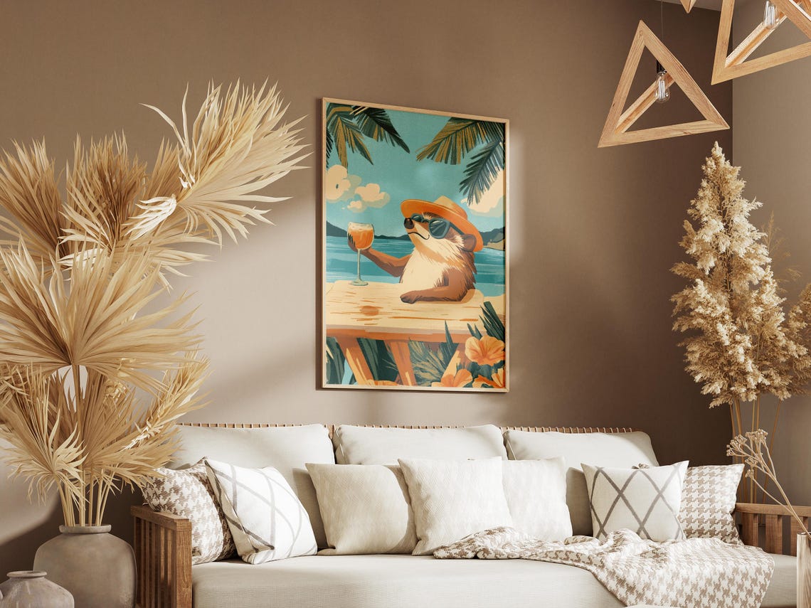 Hedgehog In Sunglasses And Sun Hat Raising Cocktail Beach Poster - Image 3