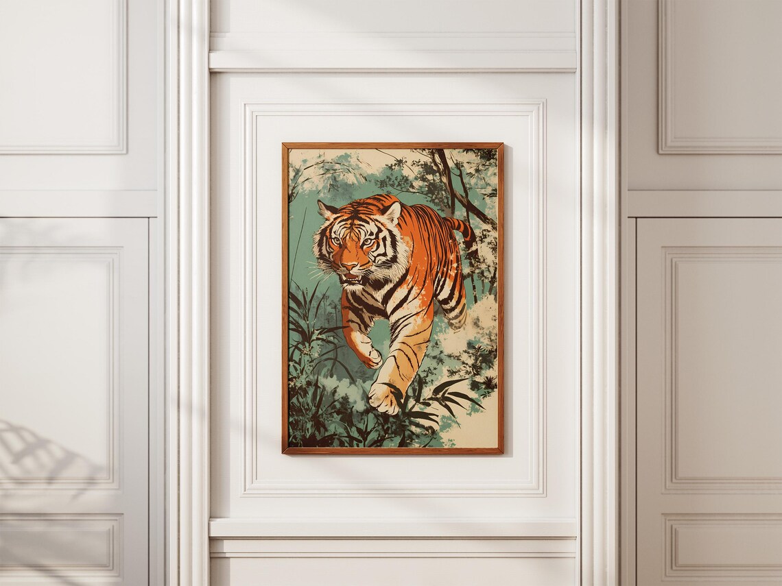 Leaping Tiger in Jungle Vintage Japanese Style Wildlife Poster - Image 2
