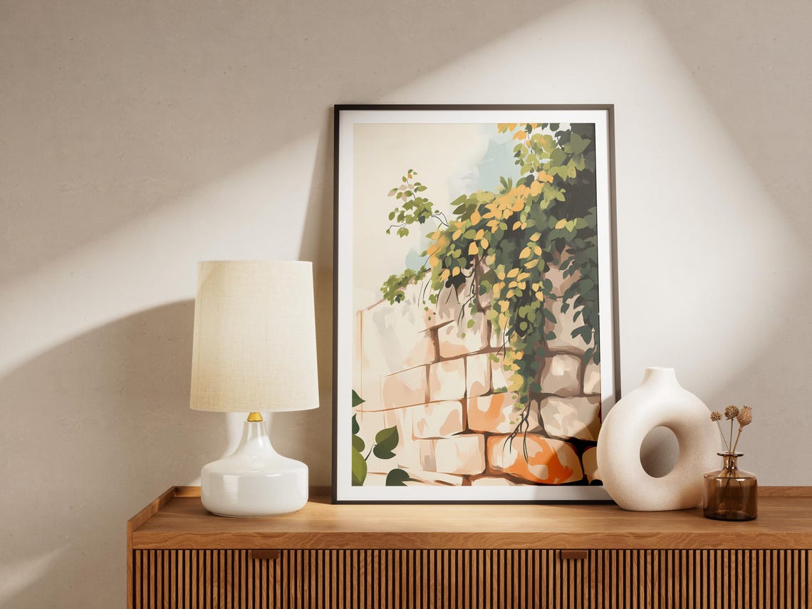 Green Vine Leaves On Old Stone Wall Botanical Nature Art Poster - Image 4