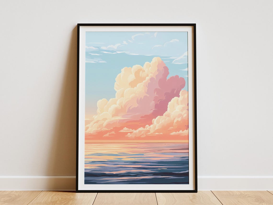 Towering Pink Cumulus Cloud Over a Calm Blue Sunset Sea Poster