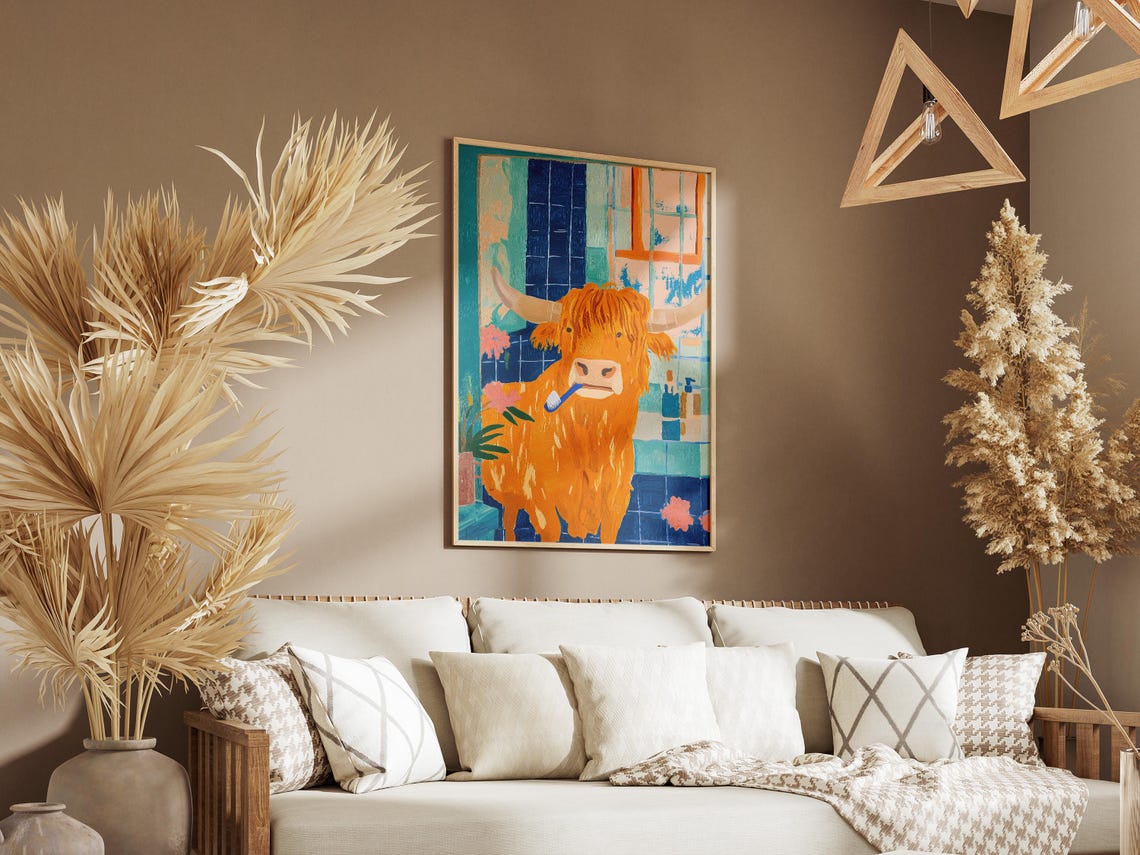 Fluffy Highland Cow Brushing Teeth Blue Tiled Bathroom Poster - Image 3