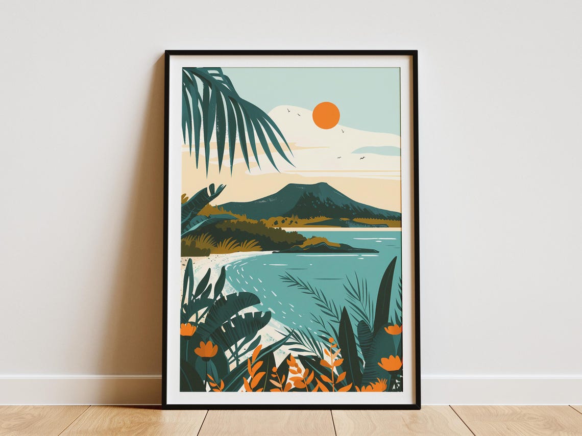Jeju Island South Korea Tropical Beach Palms Mountain Sunset Poster