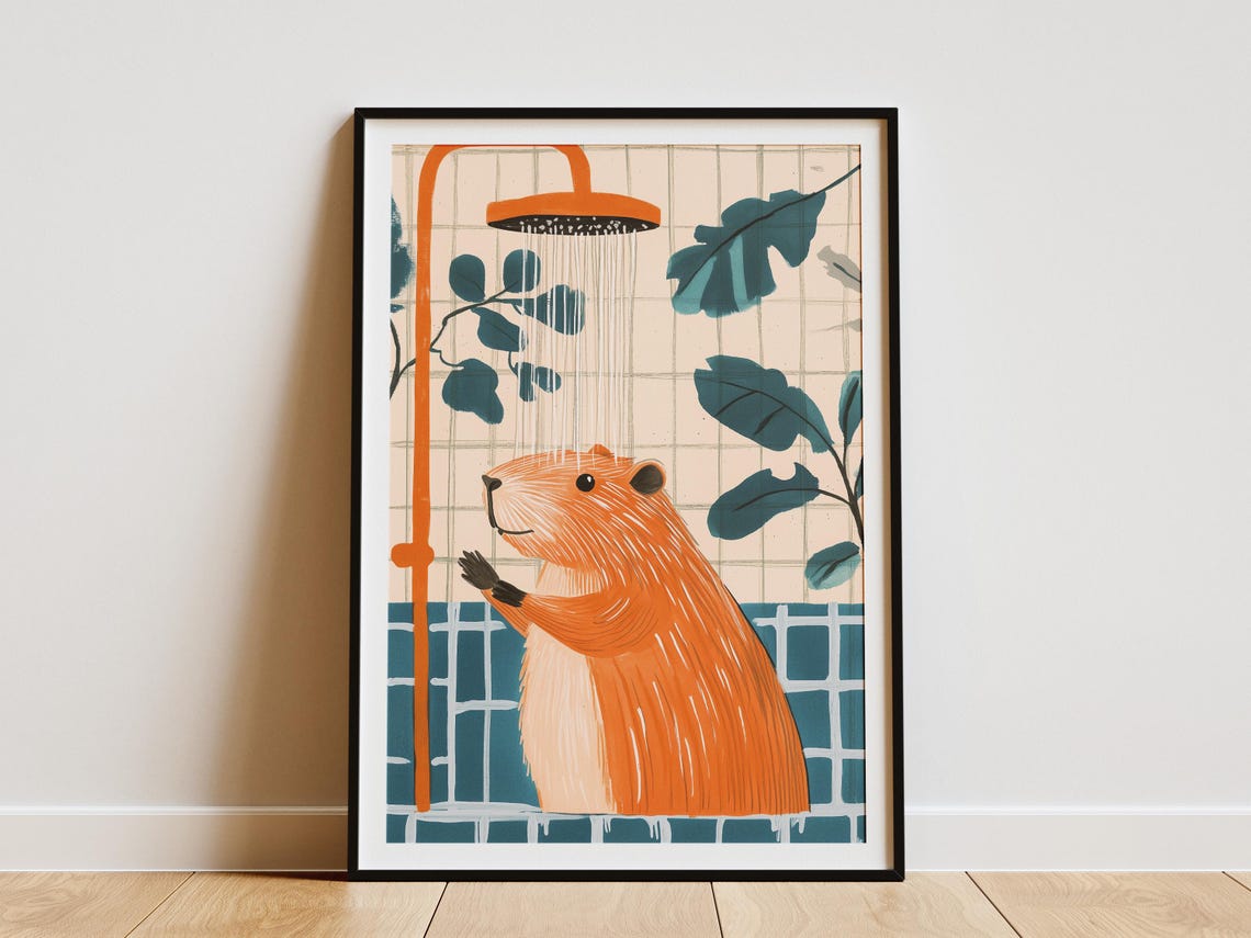 Capybara Under Shower Teal Orange Bathroom Funny Animal Poster