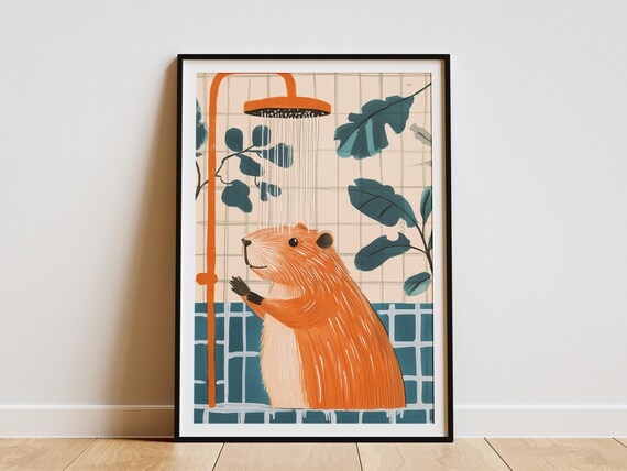 Capybara Showering Painting Art Print Bathroom Decor Animal Gouache Painting Poster Orange Teal Modern Home Decor