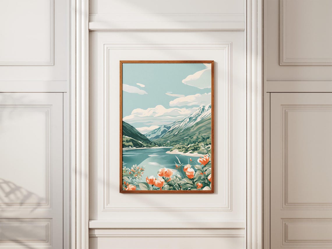 Turquoise Alpine Lake With Orange Tulips Beneath Snowy Peaks Poster - Image 2