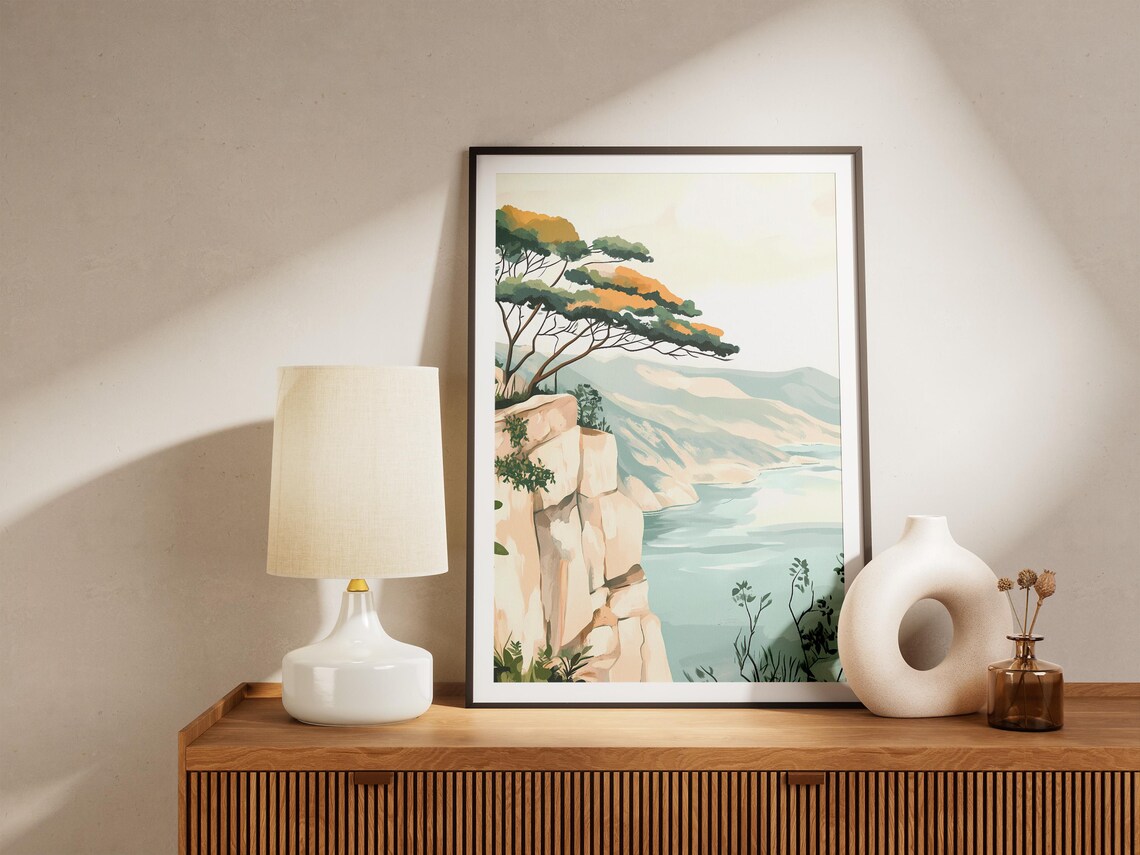Windswept Trees on Mountain Cliffs, Minimalist Poster - Image 5