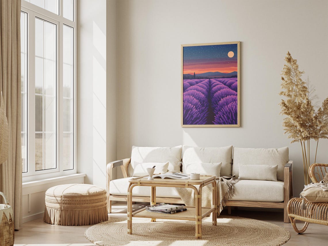Purple Lavender Field Under Night Sky Poster With Moon and Stars - Image 4