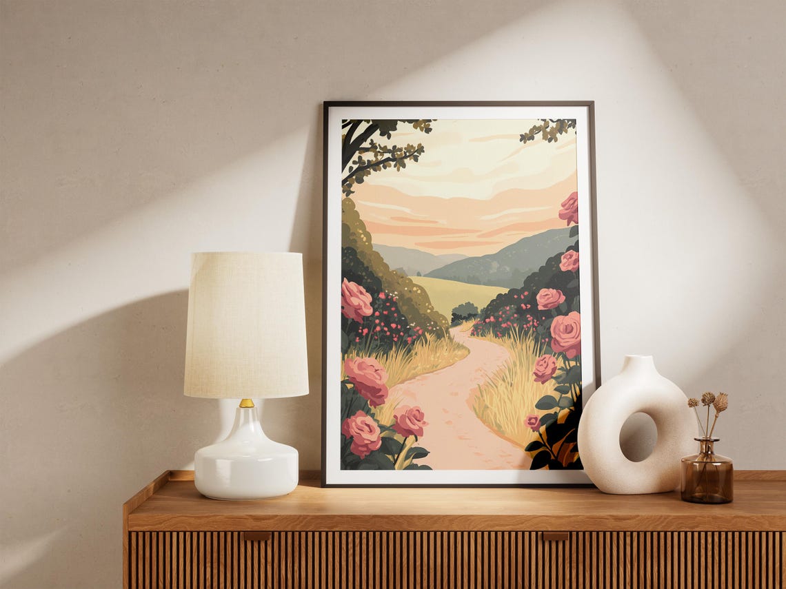 Pink Rose Path Sunset Blooming Garden Trail Valley View Poster - Image 5