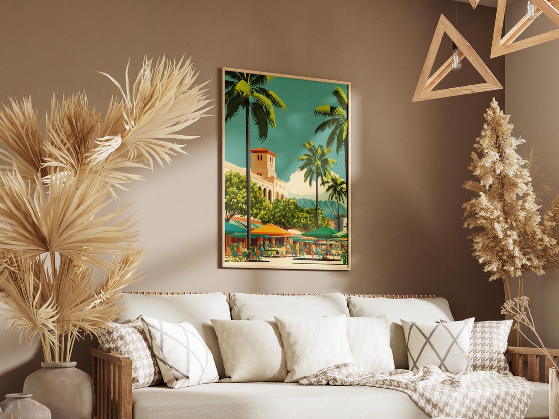 Vintage Tropical Town Square Palms Cafe Umbrellas Travel Poster - Image 3