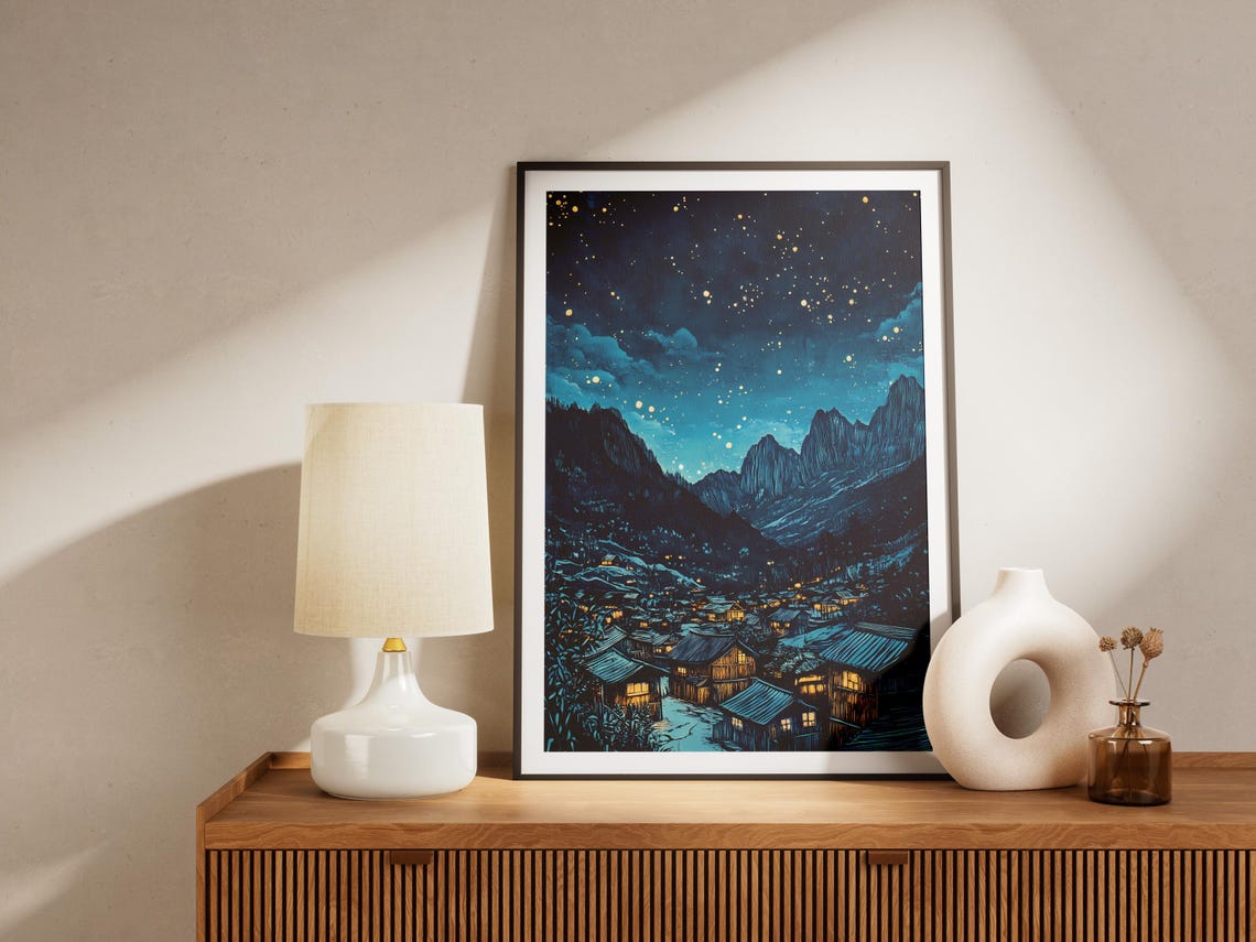 Mountain Village Glowing Under a Starry Night Sky Deep Blue Art Poster - Image 4