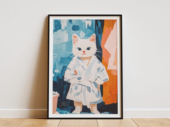 Munchkin Kitten Art Print Baby In Bathrobe Poster Cute Animal Wall Bathroom Decor Funny Cat Illustration Playful Gift Home