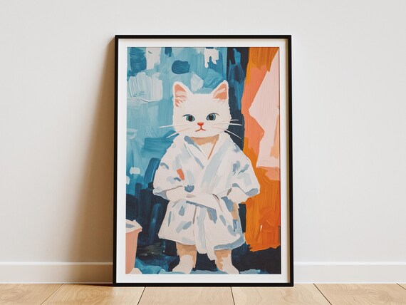 White Kitten White Bathrobe Painterly Blue Abstract Art Poster