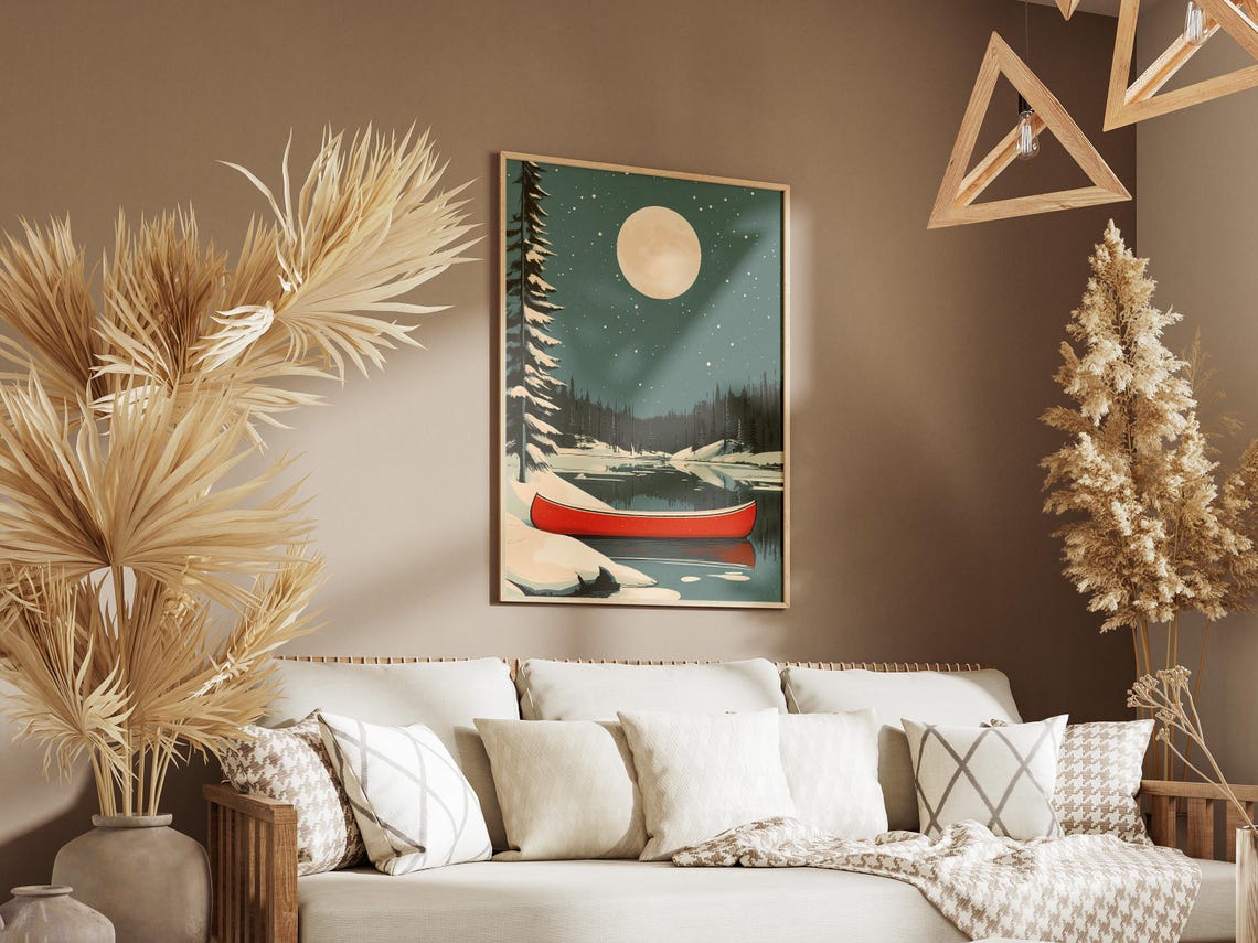 Red Canoe on Snowy Winter Lake Under Full Moon Night Scene Poster - Image 3
