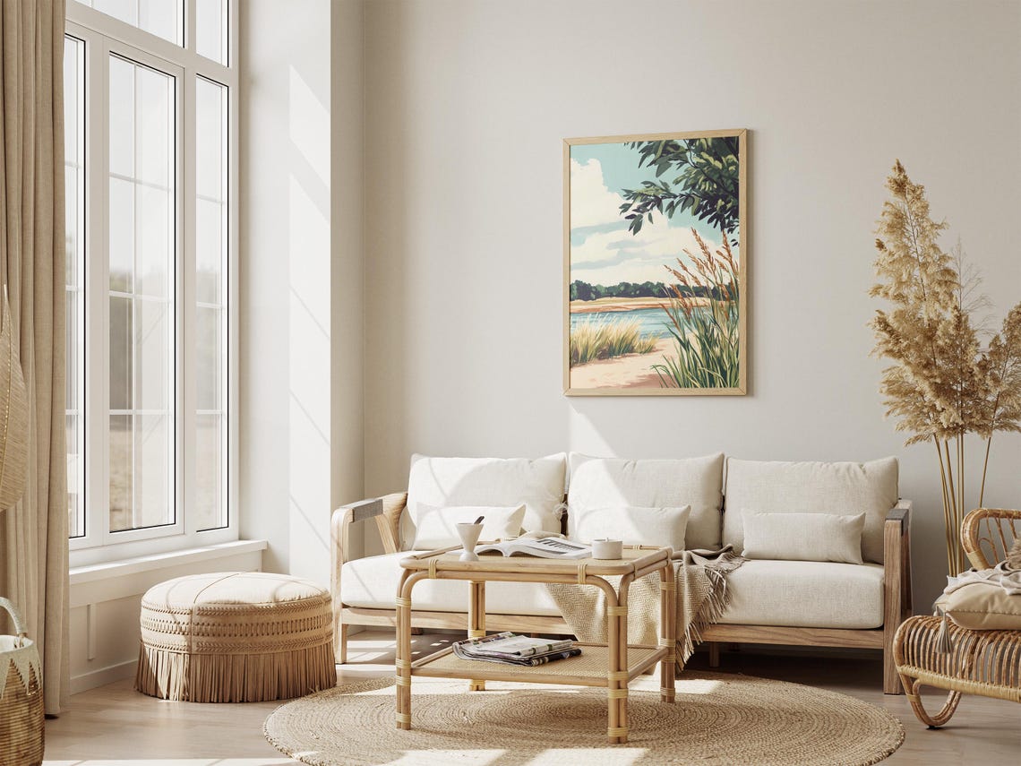 Calm Lakeside Reeds on a Sandy Shore Modern Landscape Poster - Image 4
