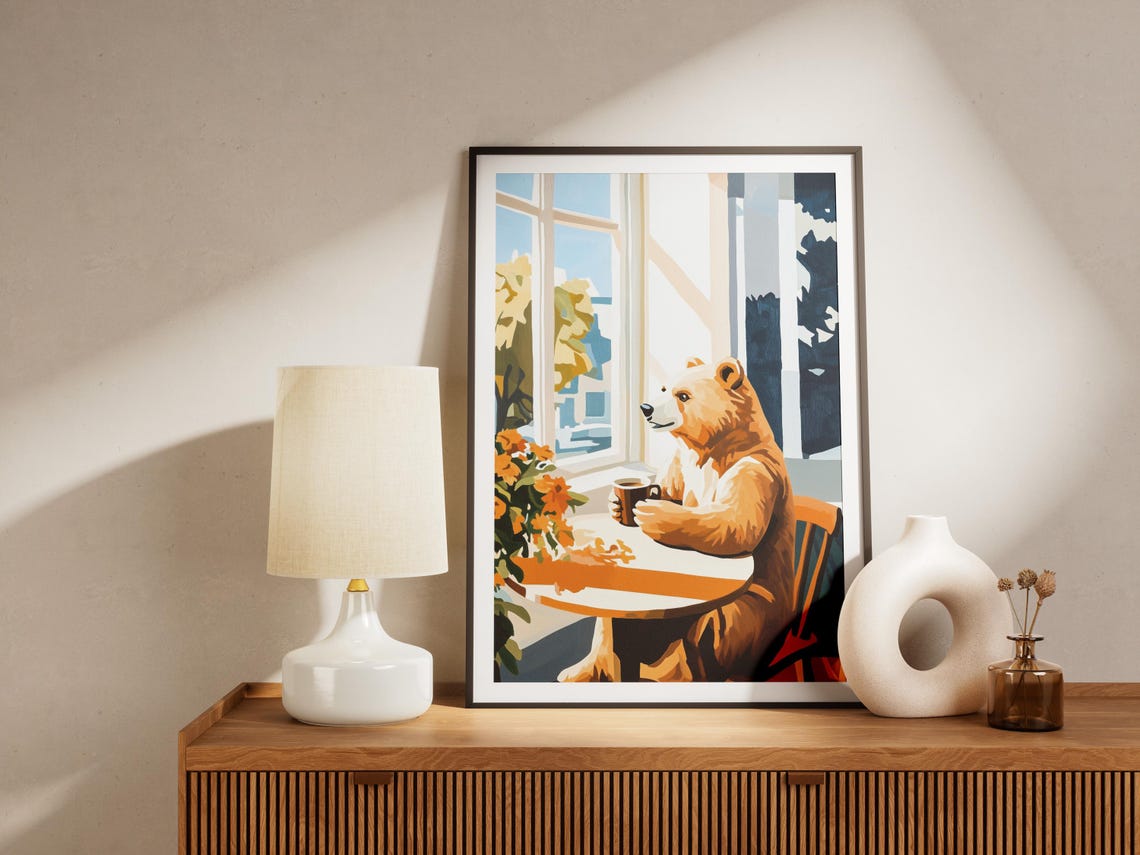 Friendly Bear Sipping Coffee by a Sunny Window with Marigolds Poster - Image 4